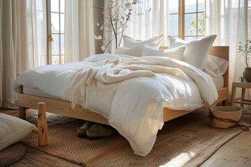 Inviting bedroom bathed in natural light, featuring a plush bed with soft white bedding and a tranquil vibe