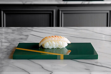 A minimalistic and elegant presentation of sushi nigiri on a green board over a marble counter