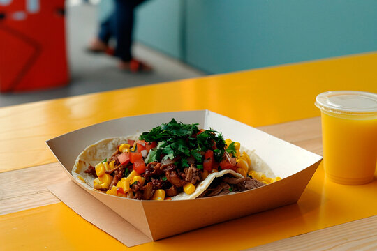 An image of a delicious taco filled with meat, corn, and fresh toppings on a bright yellow table