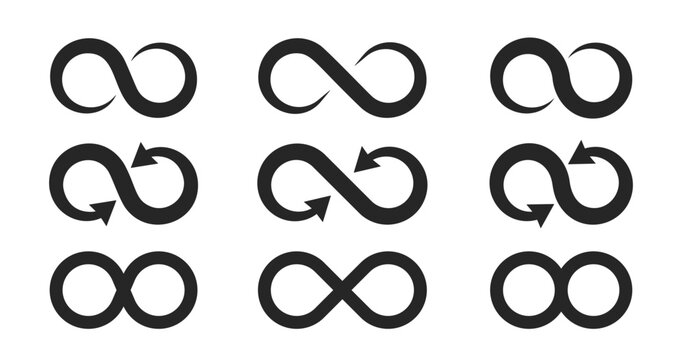 Simple flat black infinity symbols. Design elements for unlimited infinity, endless, eternity, loop, discontinuation, and repetition concepts. Vector illustration