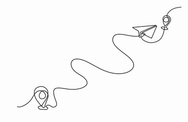 Continuous line drawing of paper airplane, destination line path of airplane flight route with starting point location, Path with location pins. Distance from one point to another in doodle style 