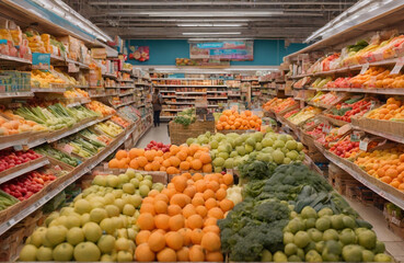 A bustling supermarket aisle filled with colorful produce and neatly stacked shelves, all leading to a overflowing basket of fresh groceries waiting to be checked out.