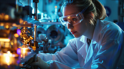 A female scientist working on an advanced machine in the laboratory,