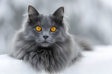 Majestic Gray Cat with Striking Orange Eyes in Winter Snow Scene - Perfect for Posters or Pet-Themed Designs