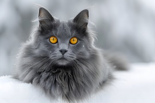 Majestic Gray Cat with Striking Orange Eyes in Winter Snow Scene - Perfect for Posters or Pet-Themed Designs