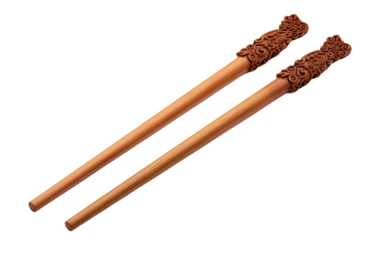 Whimsical Carvings: Two Intricate Wooden Chopsticks on a White or Clear Surface PNG Transparent Background.