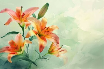 Illustration of the lilies on a light green background, free space