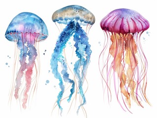 Fototapeta premium Ethereal watercolor jellyfish, clipart isolated, for creating an otherworldly aquatic ambiance