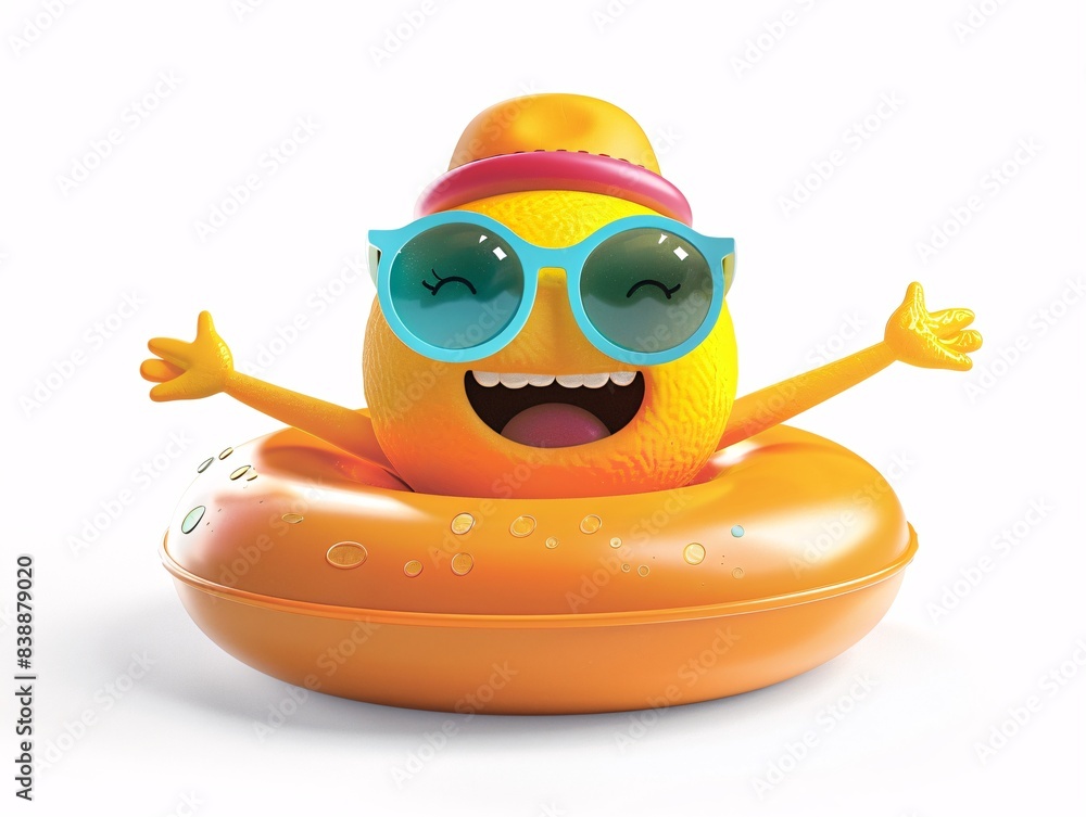 Poster an illustrated character icon floating on a pool float, with bright colors capturing the essence of 
