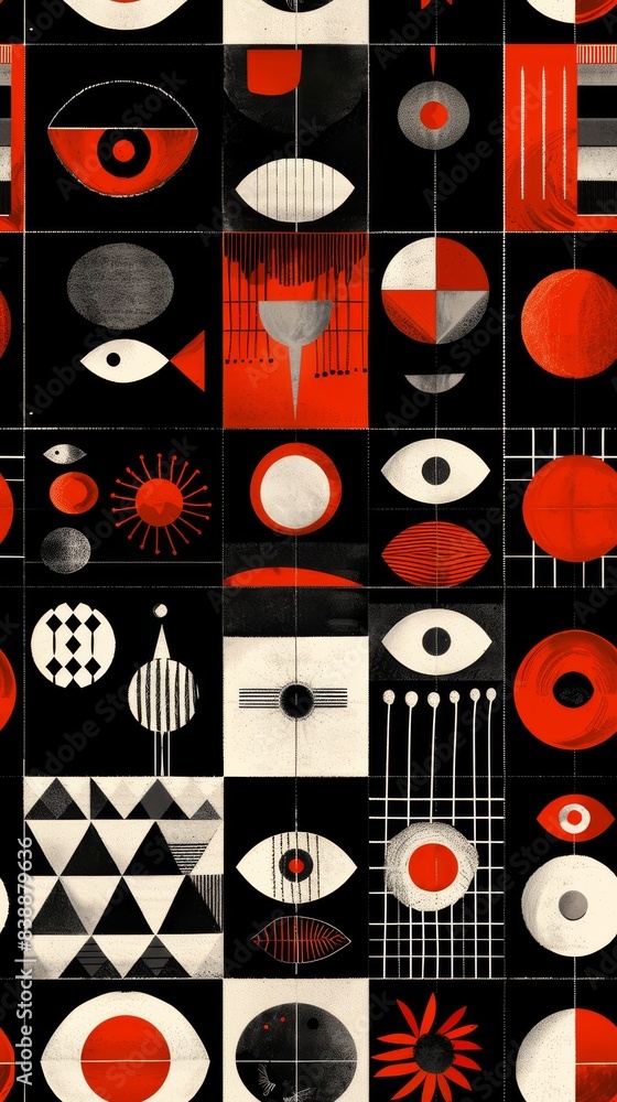 Aufkleber seamless pattern with abstract geometric shapes in red and black