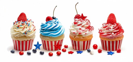 4th of July Colorful cupcakes decorated for a patriotic celebration, featuring red, white, and blue themes with stars and berries.
