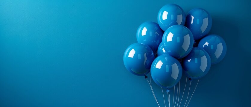 Party-themed blue helium balloons, rich blue background, designed for text and advertisement areas
