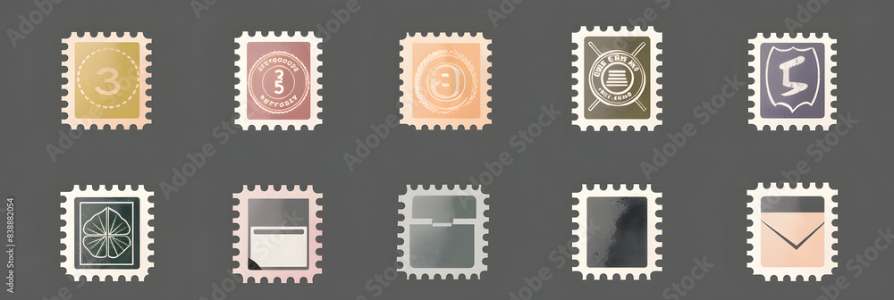 Poster set of postage stamps. post stamp frame and border. grey square and rectangular template for mail, p