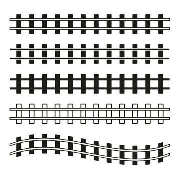 Railway tracks icon. Straight and curved. Black vector lines. Transportation symbol.
