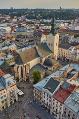 Fototapeta na wymiar view of catholic cathedral in Ukraine, panoramic view of the city Lviv