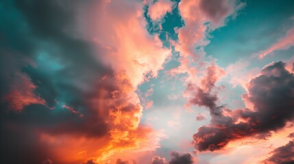 Fototapeta premium Panoramic photo of a sky with colorful clouds at sunset, capturing the vibrant hues and expansive view.