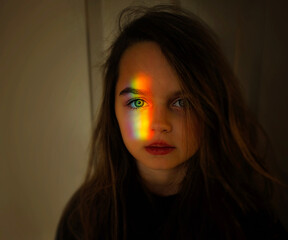 Beautiful young girl with prism rainbow on face