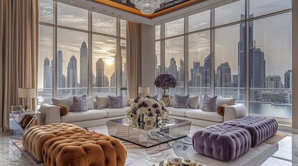 A Green orange themed living room with white and silver accents, large glass windows overlooking the cityscape of Dubai, plush velvet sofas adorned in soft lavender hues. Generative AI.