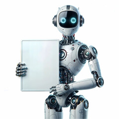 Metallic robot on white background holding a blank sign mockup for presentations