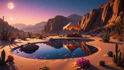 Fototapeta premium Desert Oasis with a Tent under a Full Moon