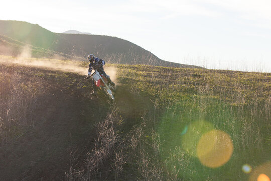 Skilled rider riding his dirt bike in California.