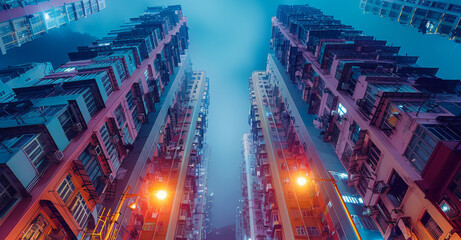 A low-angle shot of a towering cityscape at night, with the buildings illuminated by street lights and neon signs. Generative AI.