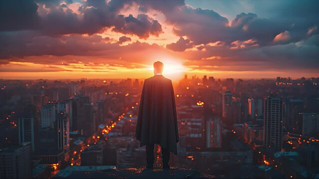 superhero businessman looking at city. Created with Generative AI.