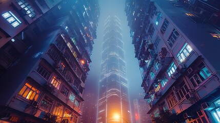 A low-angle shot of a towering cityscape at night, with the buildings illuminated by street lights and neon signs. Generative AI.