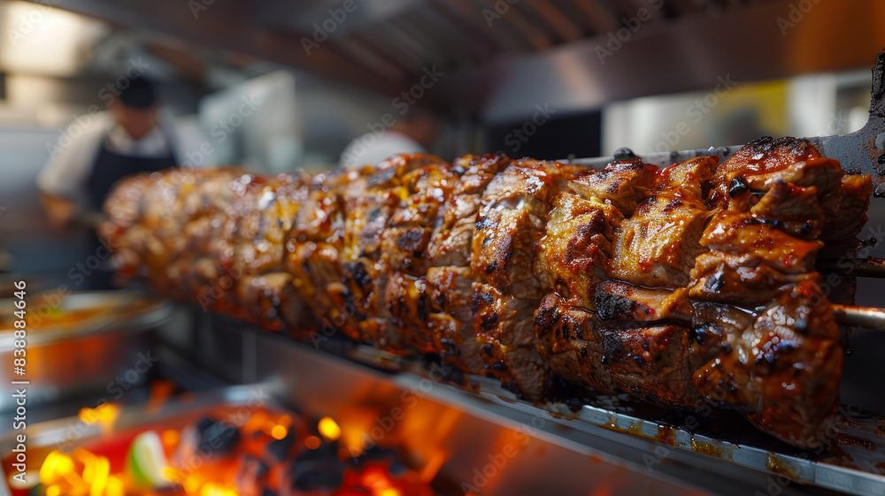 Sticker Large skewer of grilled meat in a commercial kitchen. - Stickers