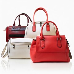 Red and white leather women's handbags, luxury set, PNG.