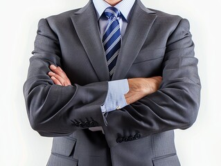 Closeup arms crossed, studio isolated on white, formal business , confident boss arm crossing.