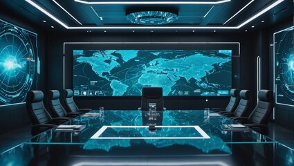 Obraz premium Modern Futuristic Conference Room with Blue Neon Lights and Tech Displays