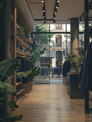 A cinematic photograph of a clothing store in the light of day, in a minimalist style