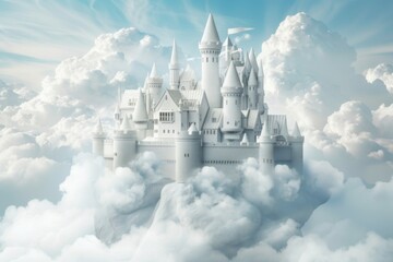 Papercraft art depicting a fantasy castle in the clouds with towers and turrets in a dreamlike sky setting.