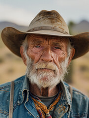 Fototapeta premium Elderly man in a hat and denim jacket with desert background.