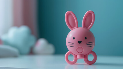 Fototapeta premium Pink bunny toy in a child’s room with soft pastel colors.