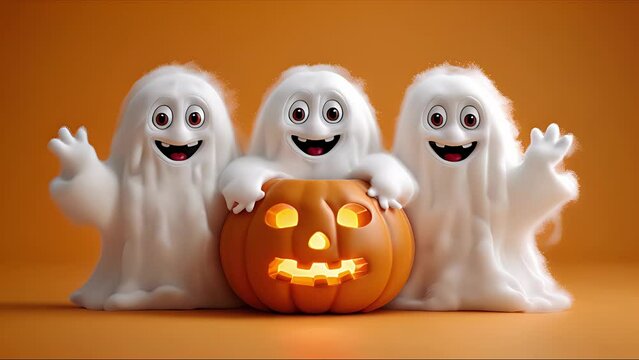 Cute funny ghost with a pumpkin. Created with Generative AI.
