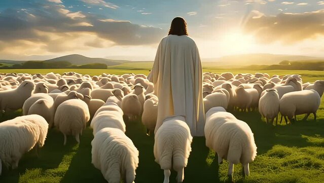 A bible jesus shepherd with his flock of sheep during sunset. Generative AI