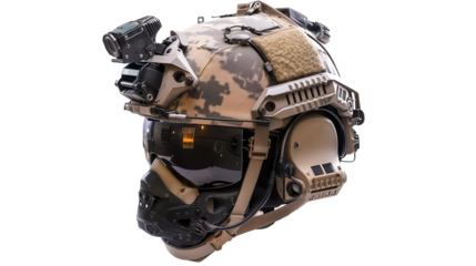 modern military helmet equipped with latest technologies isolated on solid transparent background, helmet cut out 