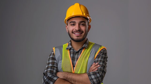 portrait of young engineer male wearing a hard hat and safety vest, front view happy smiling arms folded , studio shot isolated on random background color