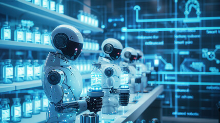 A group of robots working together in an AI laboratory, surrounded by holographic data and charts on the wall behind them