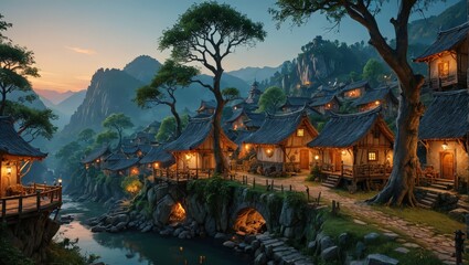 Fototapeta premium Mystical Mountain Village at Dusk