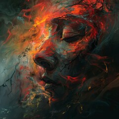 A surreal portrait merging human features with abstract textures, conveying thought and emotion flow