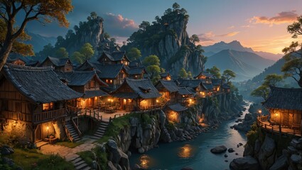 Obraz premium Enchanted Village on Cliffside