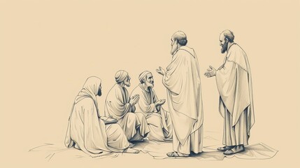Obraz premium Apostle Thomas Praying with New Converts - Filled with Faith - Biblical Illustration on Beige Background - Copyspace