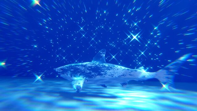 A shark swimming in the deep blue ocean with many dazzling planktons and marine snows. A seamless looping nature scene animation. 