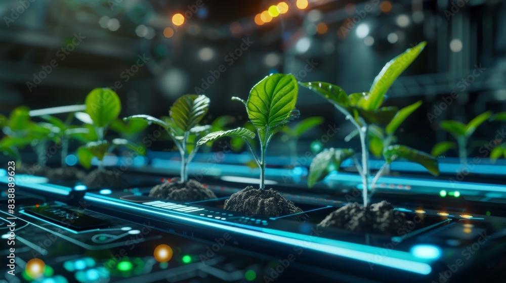 Poster an artificial intelligence system analyzing data to optimize greenhouse settings for maximum plant g