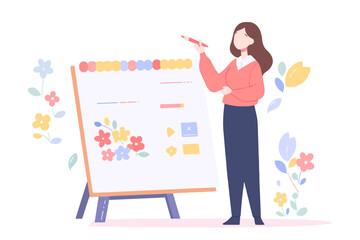 Obraz premium A woman presenting information on an easel, surrounded by plants, symbolizing education and teaching. Flat vector illustration.