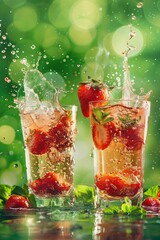 summer cool fresh cocktails with tasty fruits on, pattern with splashes in tall glasses on a green background	