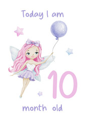 Baby Milestone Card of Cute little fairy with Air Balloon and stars. Baby's ten month. Ten months of baby girl. Monthly numbers cards. Newborn month postcard. Card for kids' photos.